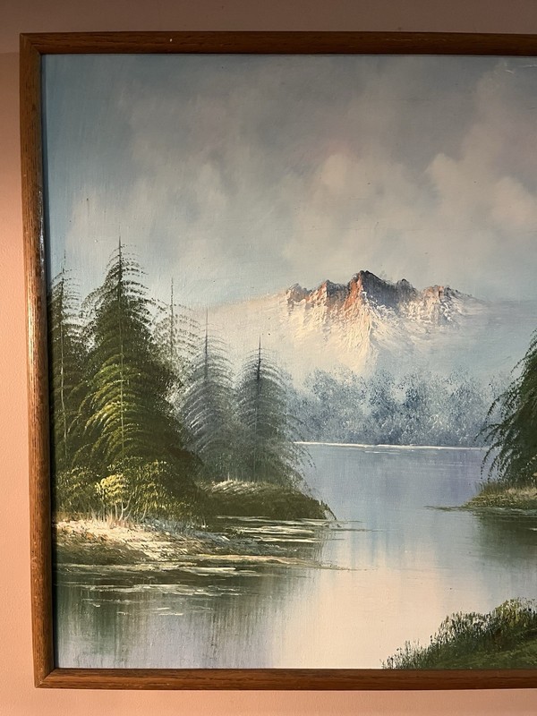 Lakeside Cabin Landscape Framed Oil Painting On Canvas Signed By Taylor 25”x37” gallery