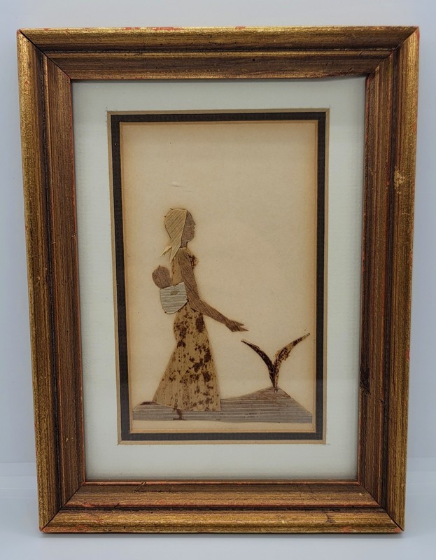 Vintage African Plant Fiber ART Painting Collage Lady & Child 6×8″ AFRICA Framed