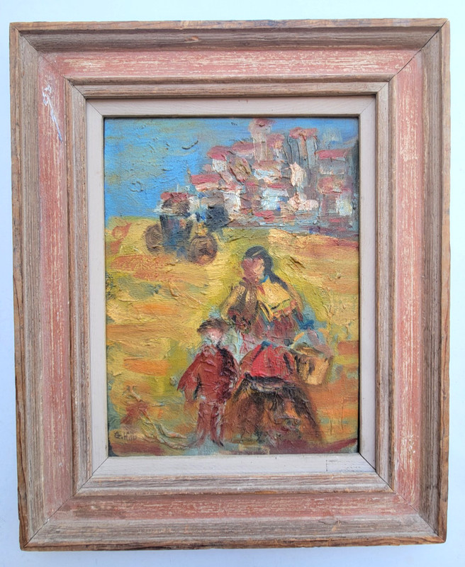 1940’S OIL PAINTING..SOUTHWESTERN WOMAN & CHILD ADOBIES TAOS NEW MEXICO LABEL
