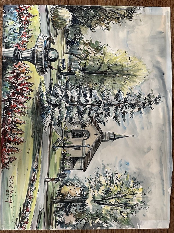 Original ROLAND IROLLA – WATERCOLOR – Church and fountain scene.(23 x 31”)