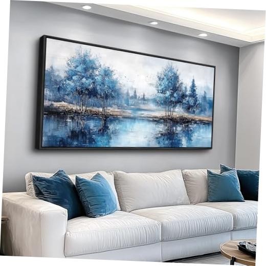 Large Black Framed Wall 48″L x 24″W Abstract Watercolor Blue Tree Black Framed