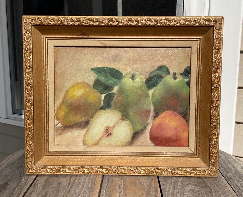 Vintage Oil Painting Signed Still Life Fruit Pears Gold Ornate Wood Frame 16″L