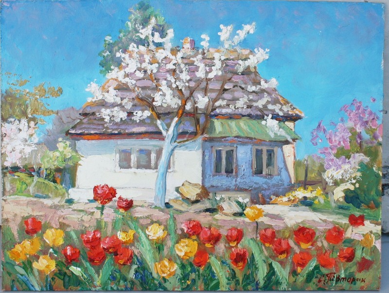 Original Tulips in the Country Landscape Oil Painting Impressionism ART