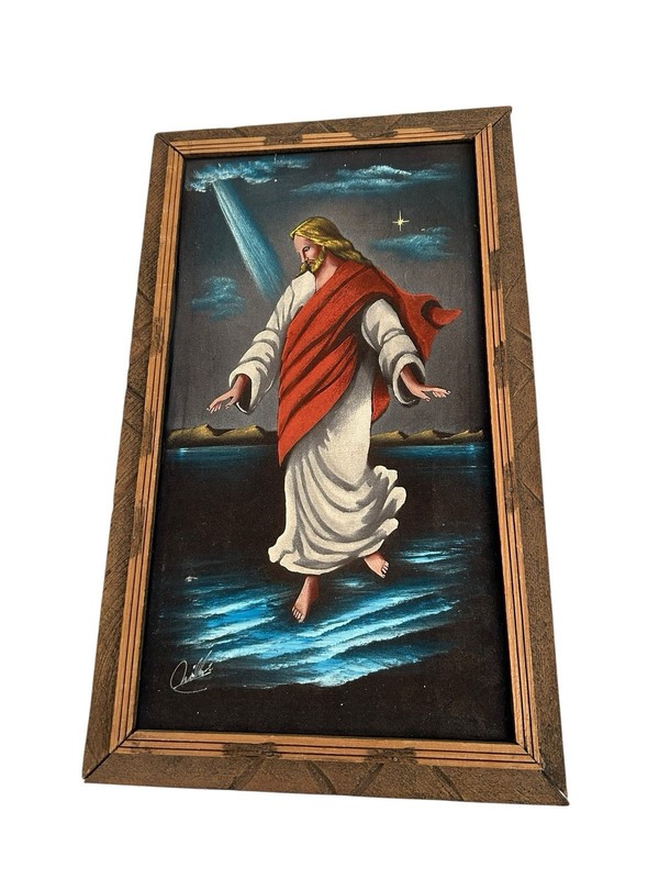 Jesus Christ Walking On Water Black Velvet Painting MCM Kitsch Wooden Frame