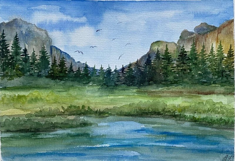 Original watercolor Art Yosemite National Park painting Mountain Landscape Art