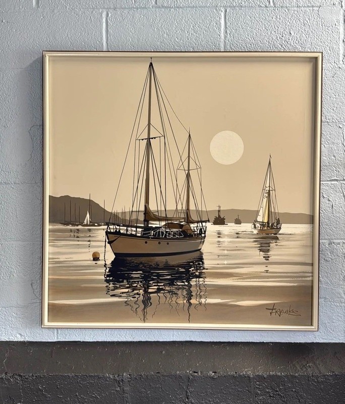 Lg VTG Signed Seascape Sailboats Wall Art Nautical Wood Framed 38in x 38in x 2in