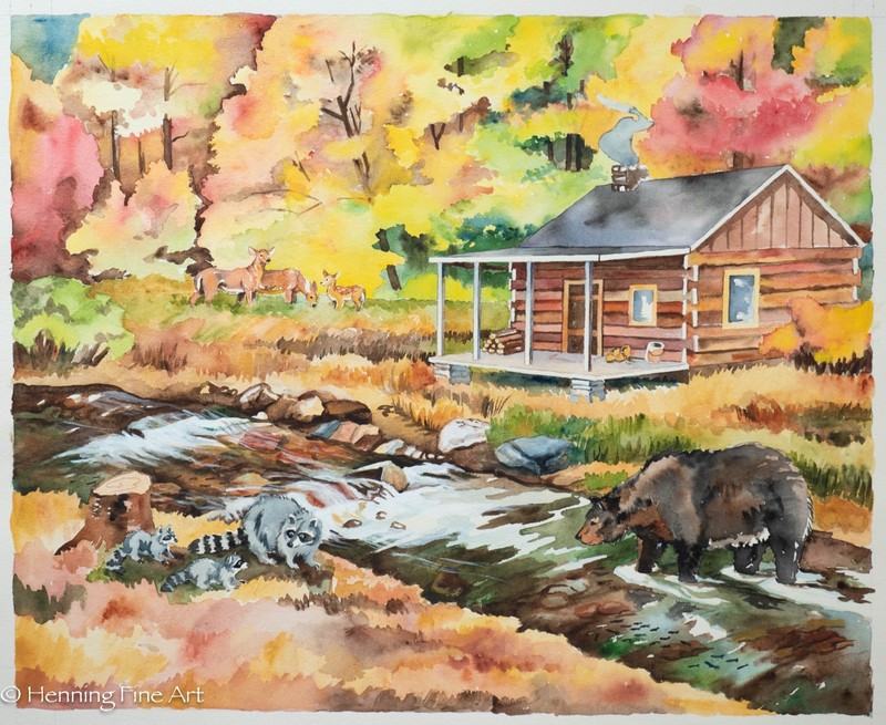 Beautiful Painting Log Cabin Fall Landscape with Animals Bear, Deer and Raccoon