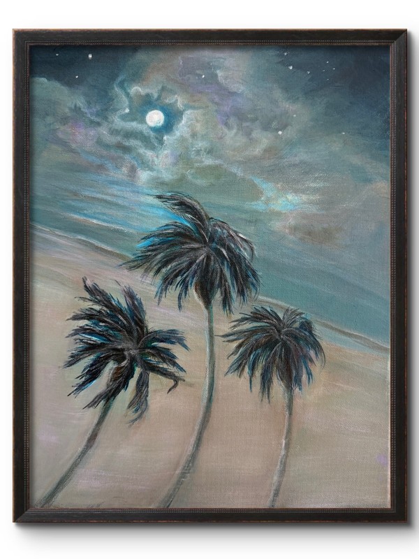 FANTASY ISLAND PALMS 14X11 NIGHT OCEAN LANDSCAPE ORIGINAL ART MODERN HOME
