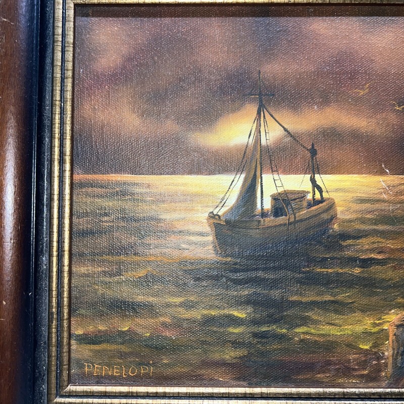 Vintage SEASCAPE ocean oil Painting original hand painted by Penelopi sunset. gallery
