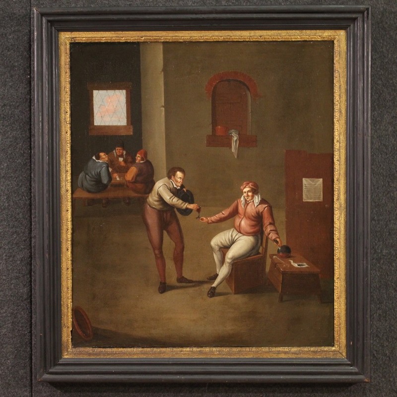 Flemish antique painting interior scene artwork oil on canvas 17th century art