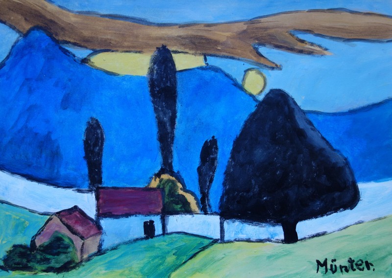 Rare unique German expressionist rural landscape painting, signed Munter