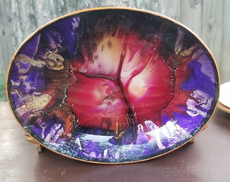 Plate Acrylic Pour Painting Red Blue Purple and Gold Colorful Tie Dye