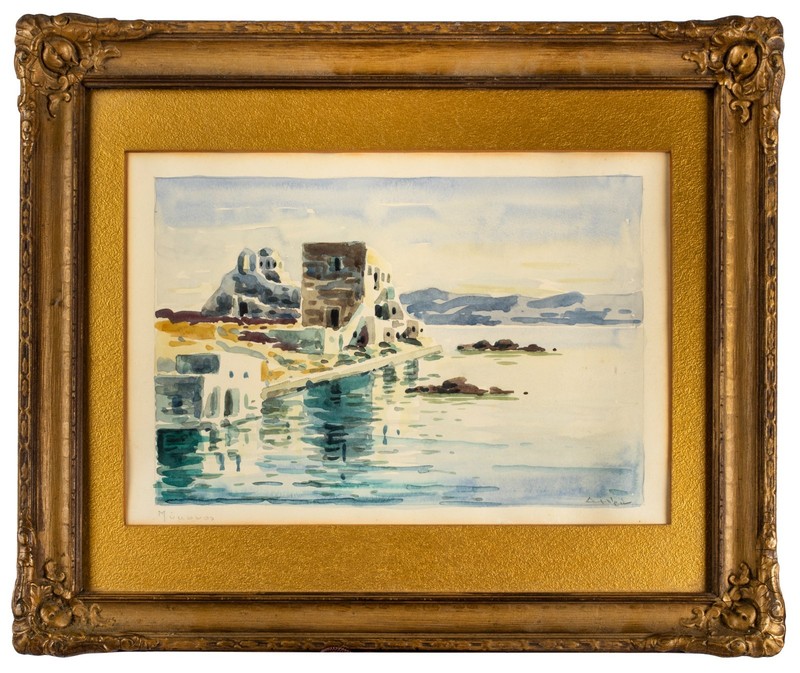 Mykonos, Antique Greek Framed Watercolor Coastal Landscape, Signed Illegibly