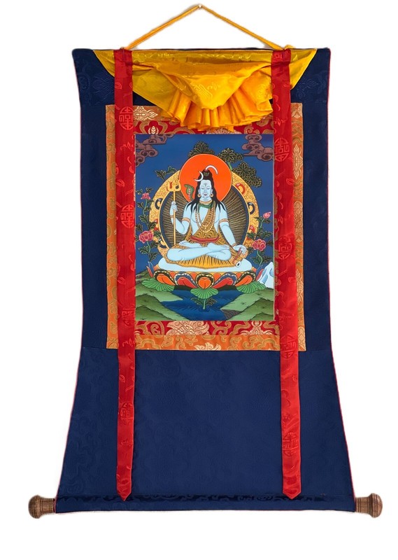 LORD SHIVA/ SHANKAR/ MAHADEVA ORIGINAL HINDU THANGKA PAINTING WITH SILK BROCADE