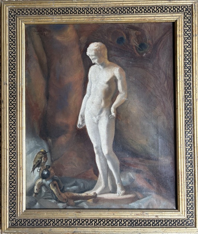“Nude Male Marble Statue”, 1898 O/C JEANNE PÉTUA (Swiss, 1881- ?) 16.25” x 13”