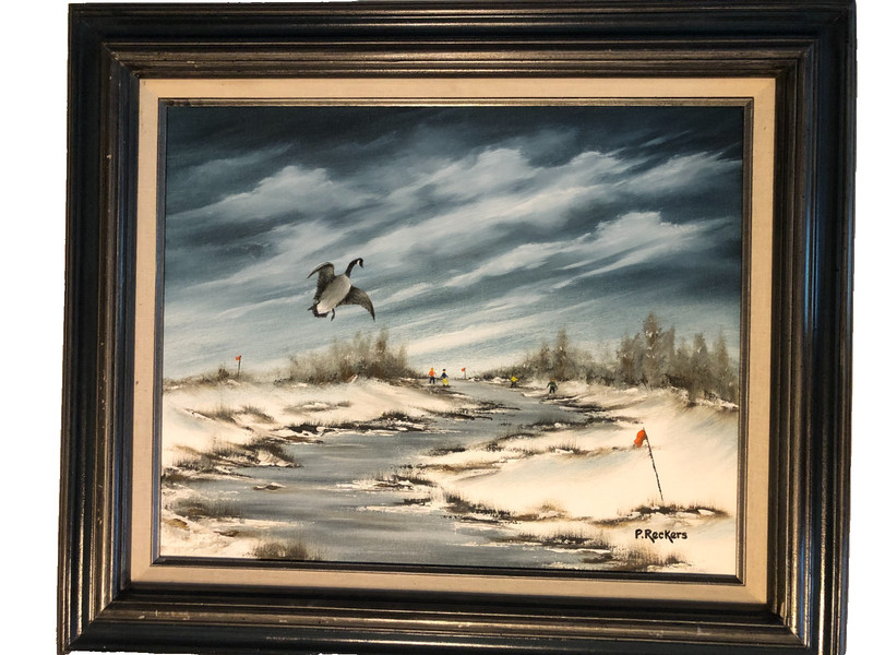 Vintage oil on canvas winter river scene Canadian goose signed P Reckers framed gallery