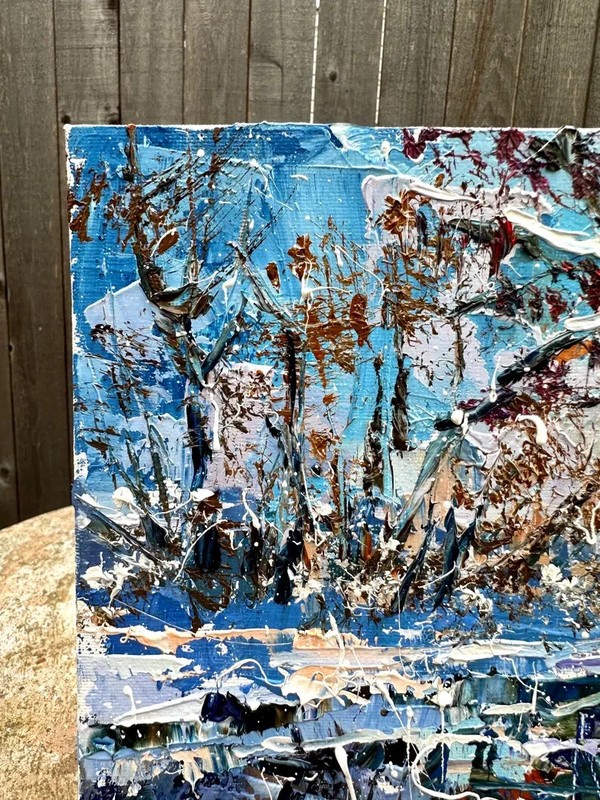Snowy Winter Trees and River Forest Landscape Oil Painting Canvas Board 8x8 Inch gallery