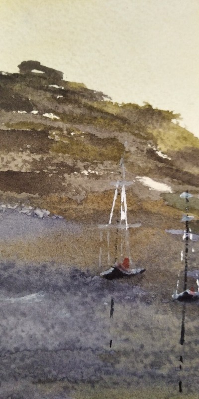 paintinwatercolor seascape quiet harbor sea sailboats beautiful sky sunrisegift gallery