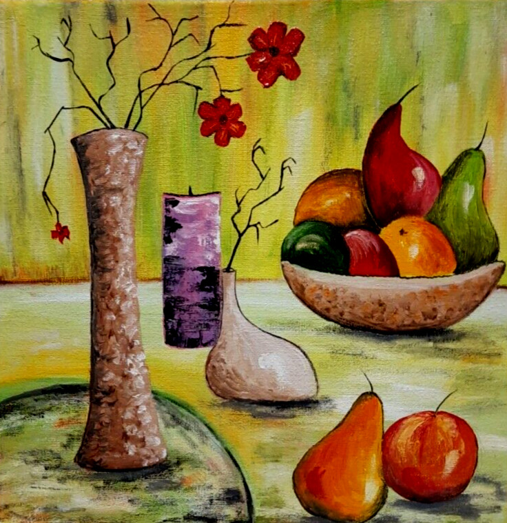 Fruits and flowers in a vase on the table.Original oil painting on canvas 10×10″