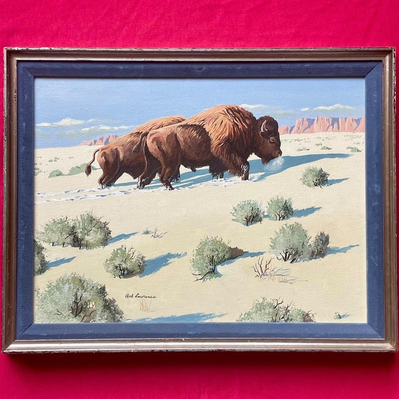 Original Rod Lawrence Framed Bison Painting - 11 1/2" x 15 1/2" Viewable - Look!