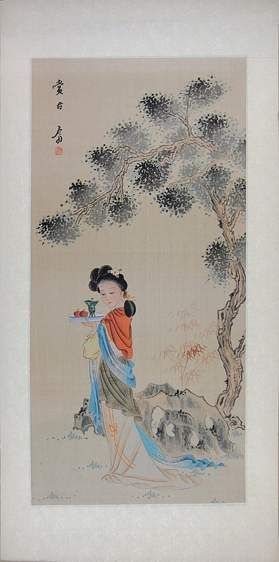 Vintage Asian Watercolor on Silk Paper, Ancient Chinese Beauty, VTG Oriental Art