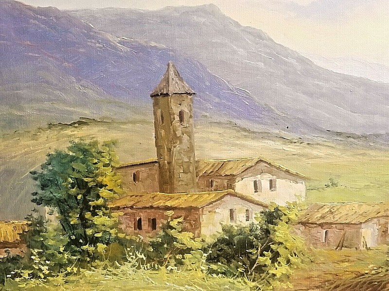 BEAUTIFUL COLORFUL WELL DONE O/C PAINTING MOUNTAINS & FARM WATCHTOWER ca 1960's gallery