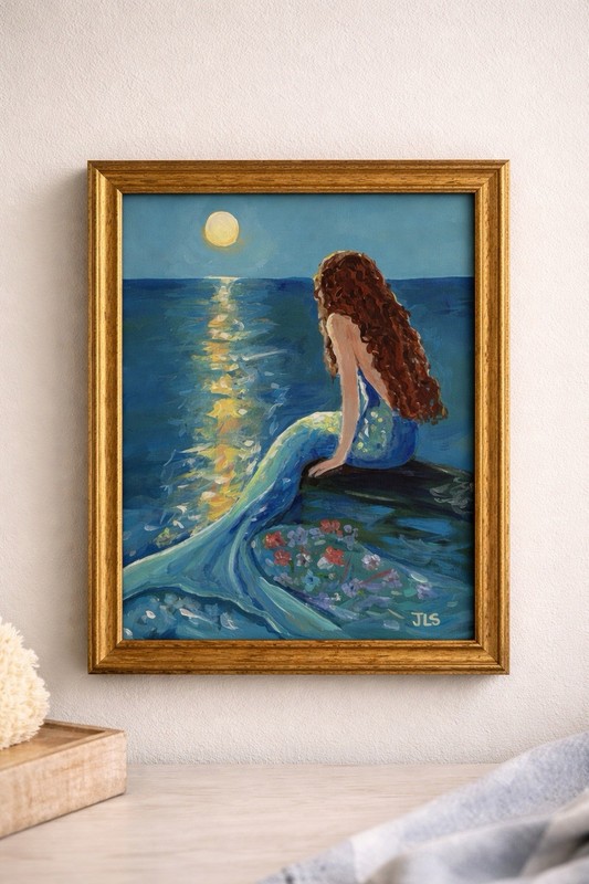 Mermaid Painting Coastal Ocean Art Moonlight Seascape Decor 11×14 Framed