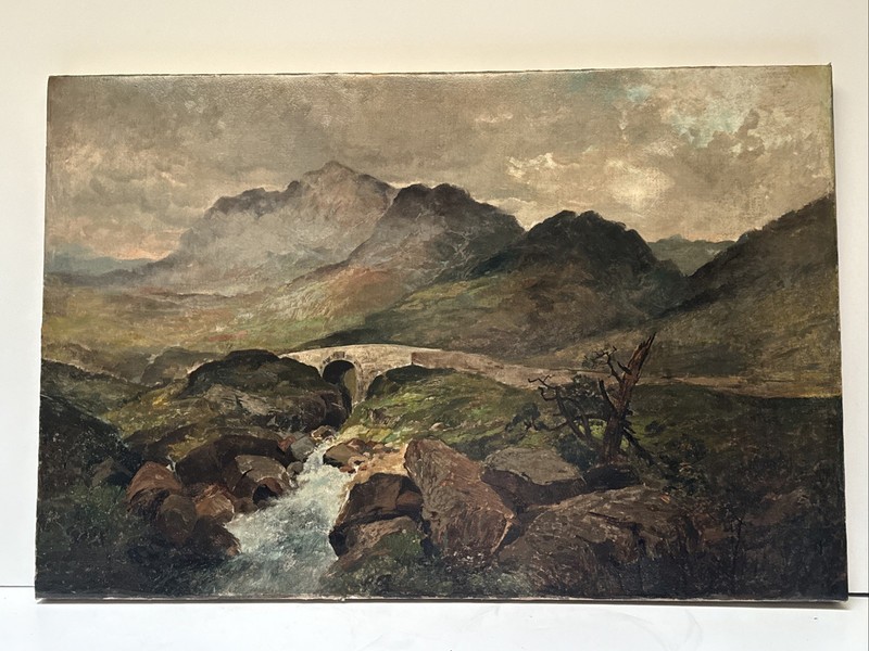 Antique Painting Impressionist Landscape River Bridge Large Oil Mystery 19th gallery