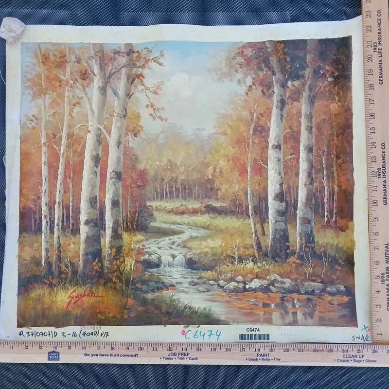 VTG Signed Gaston Original Oil On Canvas Autumnal ForestScape Birch trees Creek gallery