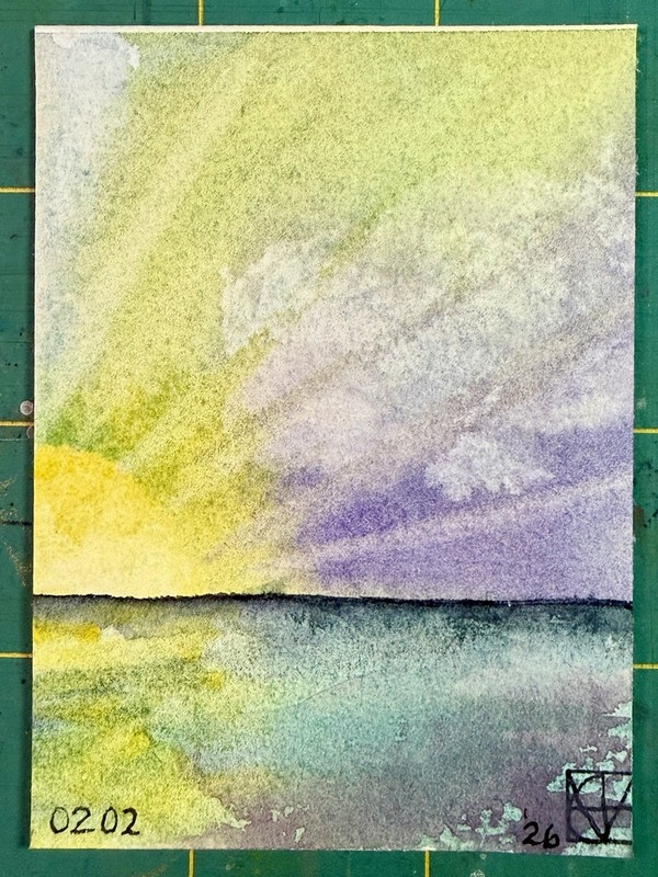 ACEO Painting by M. Hackney Sunset Sea Watercolor, Signed, Original, 2.5×3.5″