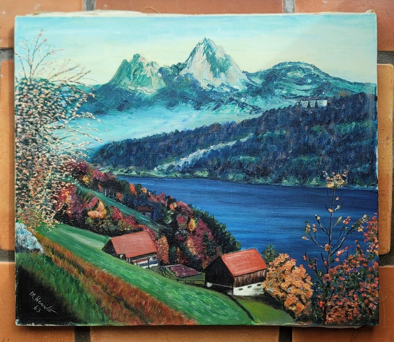 M. Hewitt Oil Painting 1963, Alpine Lake Mountains Countryside Alps Autumn 18×21