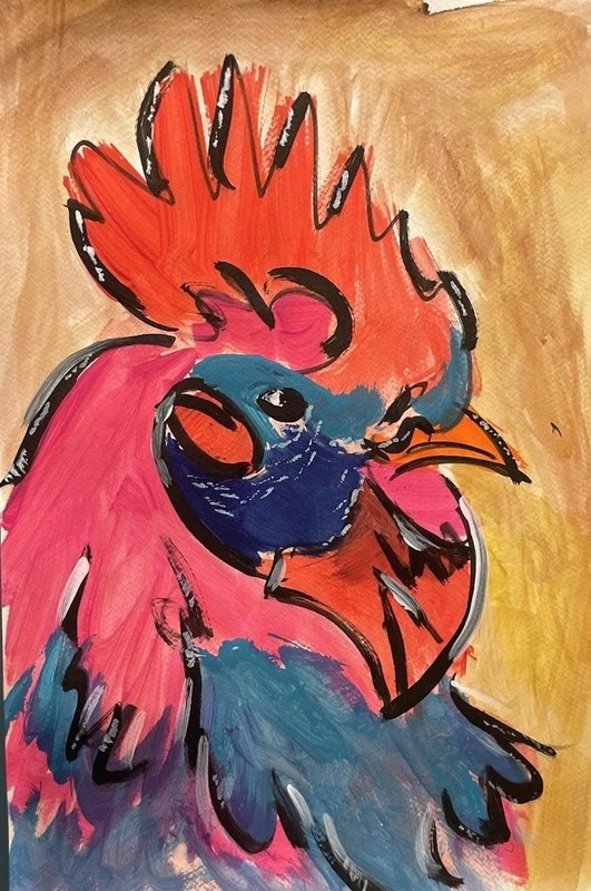 Original Rooster Expressionist Acrylic Painting Animals Art Unframed