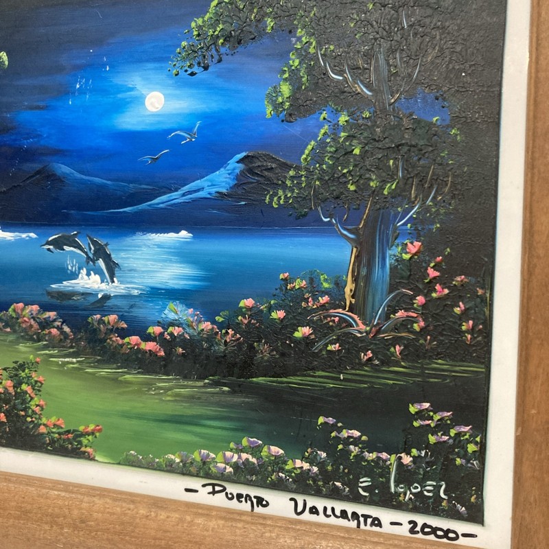 A Puerto Villardo Acrylic On Tile 9X7” Painting, Art By E. Lopez, Mexico Framed gallery