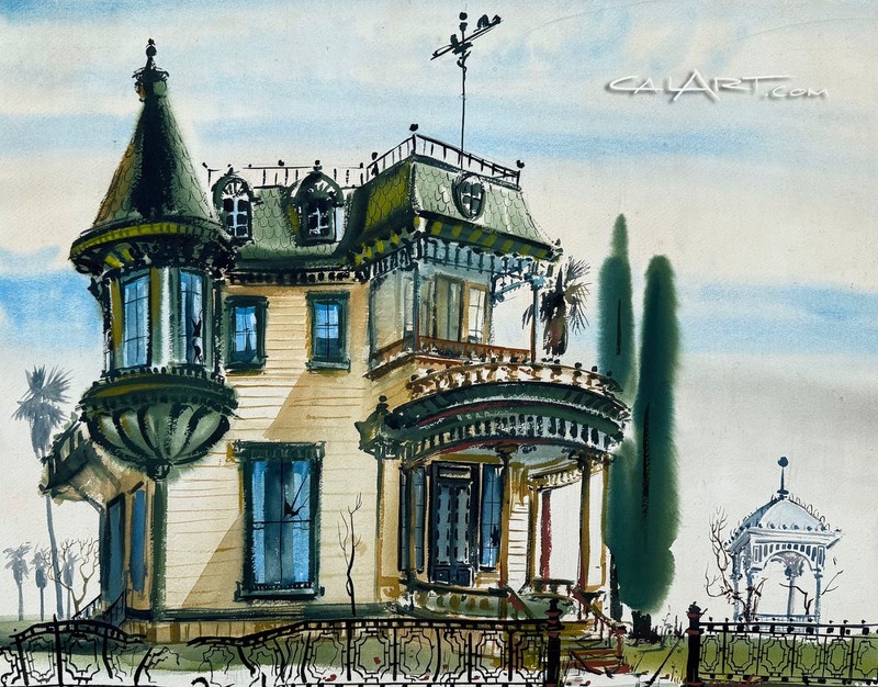 1950s Robert Dailey Narrative CaLiFoRnia Regionalist Victorian House Painting