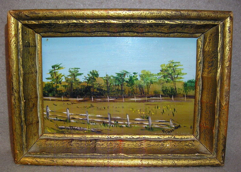Miniature OIl Painting Art Landscape Horse Track White Fence Farm Yard Signed