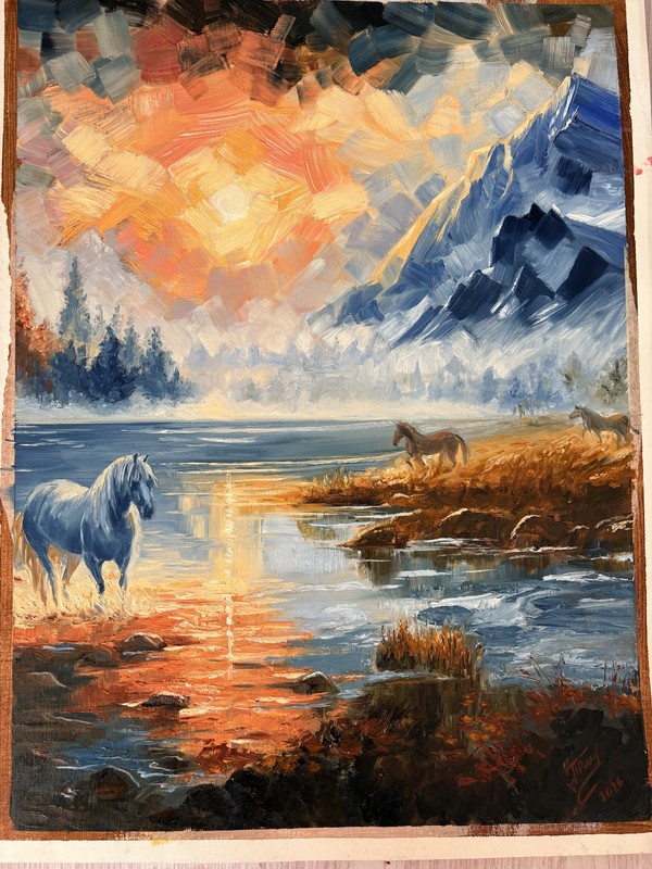 Horses On A Beautiful Landscape – Oil Painting Paper Original (50cmx65cm)