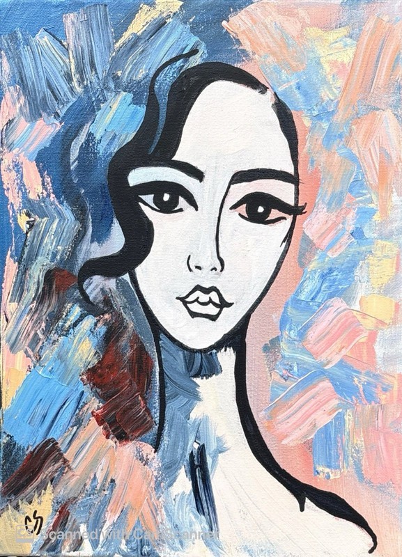 Stylized Woman in Pink and Blue Original Acrylic Painting 11×14 Signed Canvas