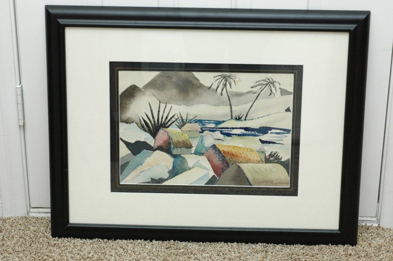 William Corasick 1907-2002 Water color of desert Oasis custome framed 1940