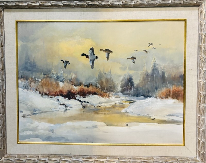 Vintage Oil On Board Scene Of Ducks Flying by Tom Sander, Matted & Framed