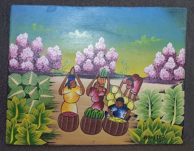 Vintage Haiti Haitian Art Folk Art Landscape Painting Figures Fruit Market Women