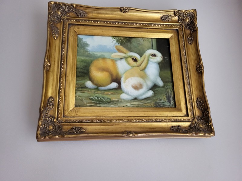 Vtg Oil Painting Two Orange Rabbits Framed Canvas Art Signed Gold Gild Frame