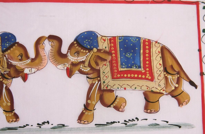 Vintage Indian Elephant Pair Trunk Up Silk Painting on Fabric Hand Painted 12.7" gallery