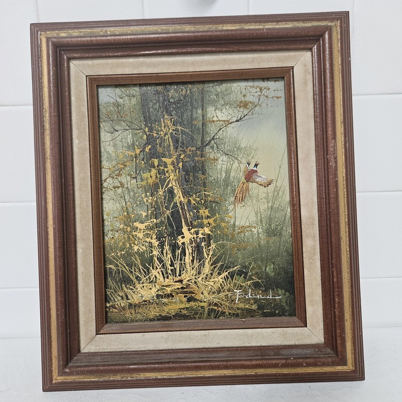 Vintage Ferdinand Pheasant Landscape Original Oil Painting Signed Framed 13×15