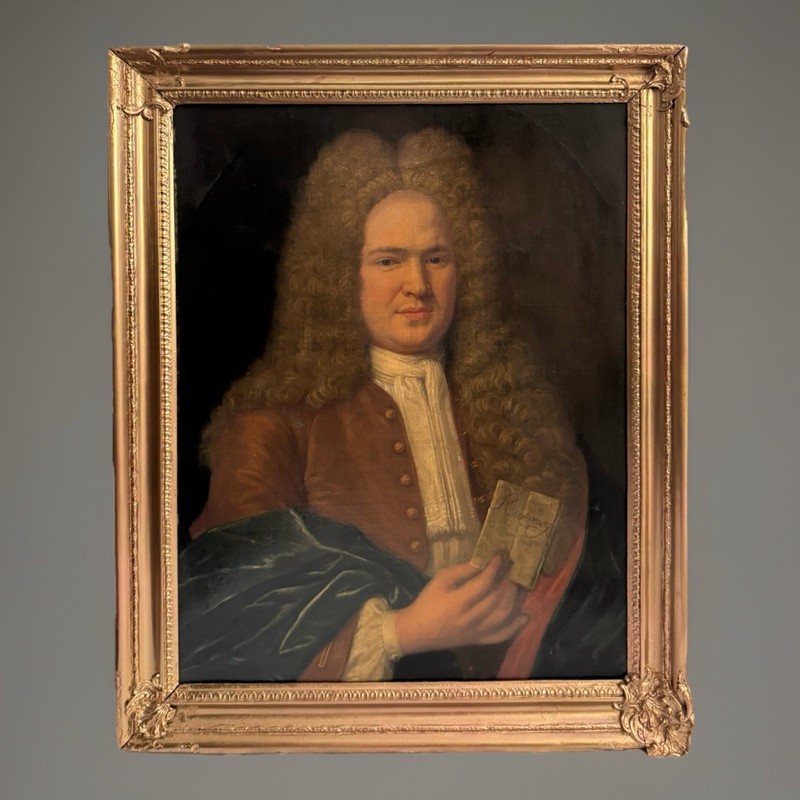 Antique Early 18th Century English Portrait of a Gentleman in Powdered Wig