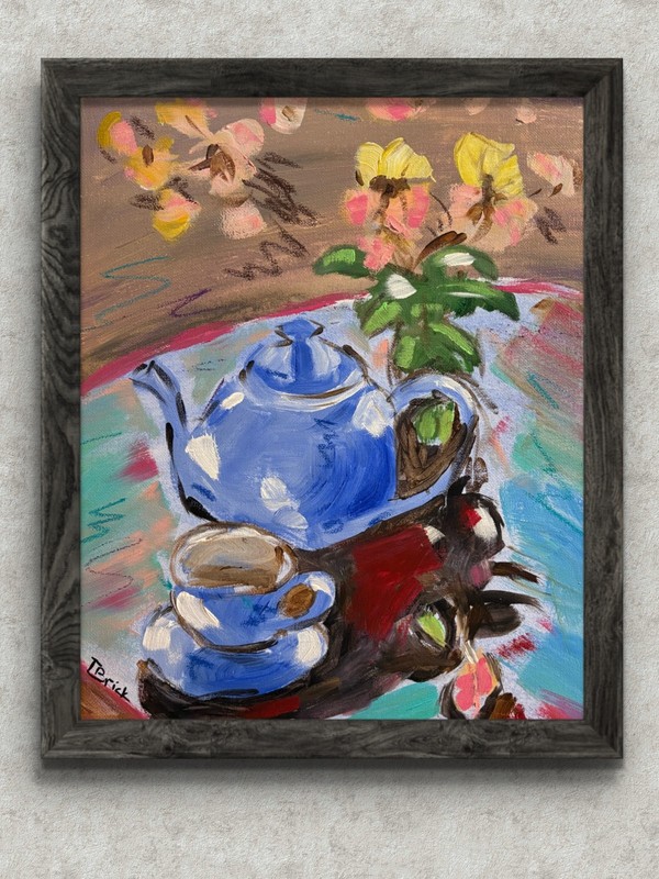 Teapot and Flowers Painting Original Impressionist Tea Still Life Artwork gallery