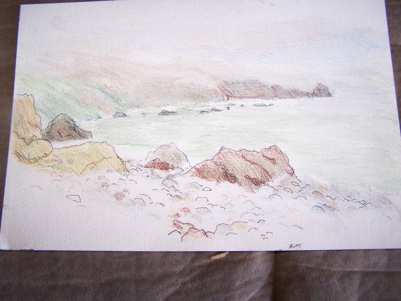 Original Ink & Pencil by Peg Humphreys Fogged in Ocean Cove 11″ x 7 1/2″