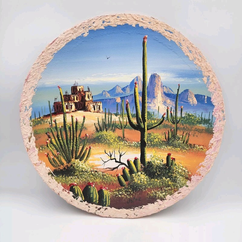 Jo Caros Original Signed Painting Southwest Desert Landscape 21″ Round Canvas