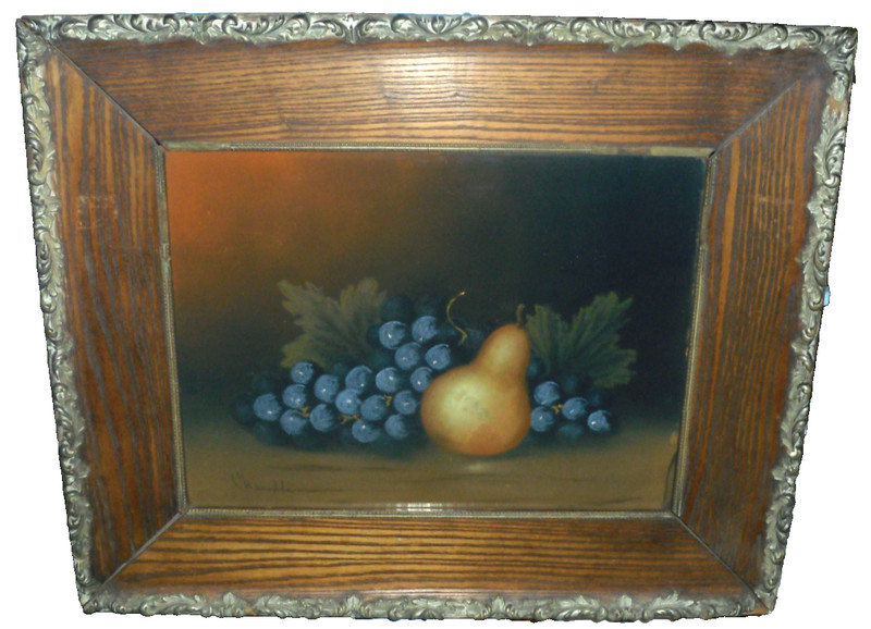 Antique Early 1900s Still Life Art Fruit Pear & Grapes In Gilt Wood Frame Signed