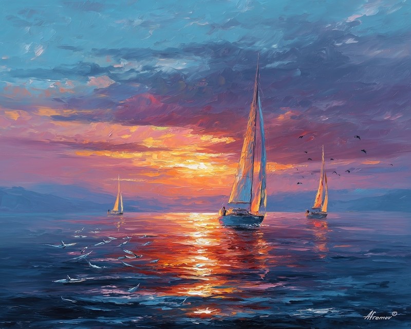 Leonid Afremov SAILING AT DAWN Oil Painting 20″x16″ by Official Studio GICLEE