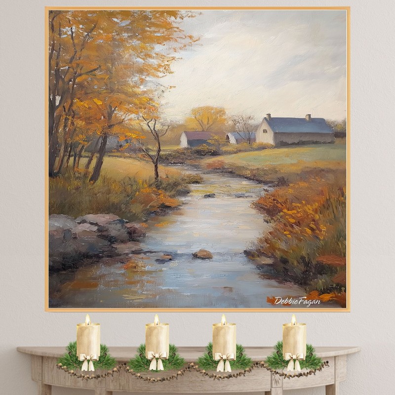 Autumnal Stream Running Thorugh a Village Flat Rolled, Framed or Wrapped Canvas gallery